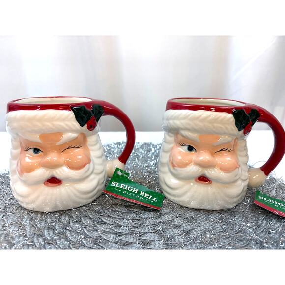 Sleigh Bell Bistro Winking Santa Retro Style Christmas Coffee/ Hot Cocoa Mugs - Picture 1 of 9